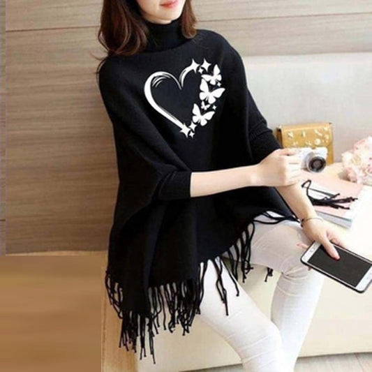 Black Love Butterfly Printed Poncho